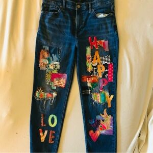 Colorful Upcycled Patchwork and Embellished  Women's Denim Jean